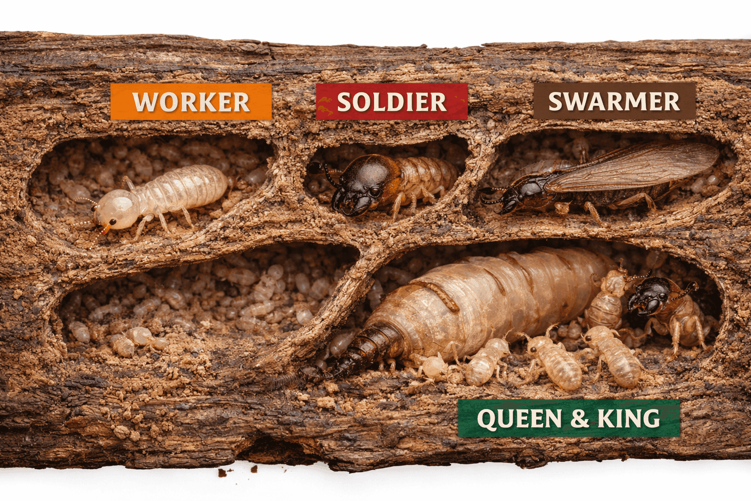 Closeup of termite colony inside wood showing worker, soldier, swarmer, king, & queen labeled by caste roles.